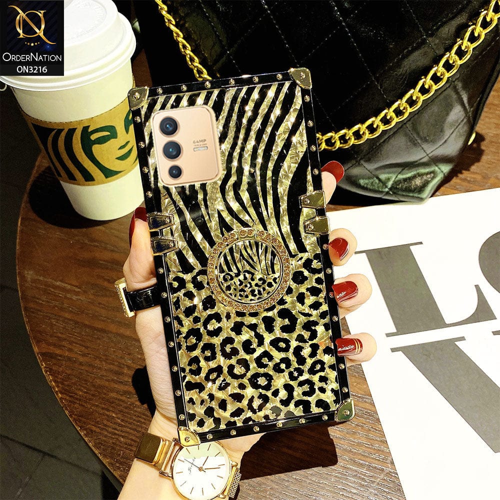 Vivo S12 Cover - Design1 - Trendy Stripes Pattern Golden Square Case With Matching Bling Ring Holder