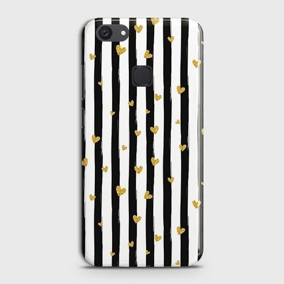 vivo V7 Plus Cover - Trendy Black & White Lining With Golden Hearts Printed Hard Case with Life Time Colors Guarantee