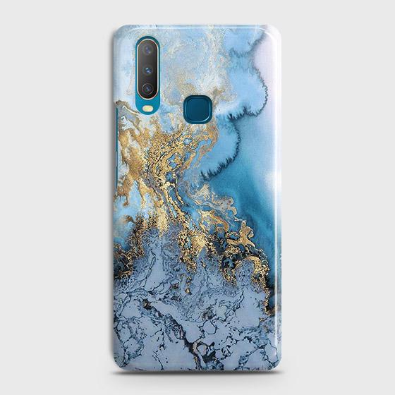 vivo Y12 Cover - Trendy Golden & Blue Ocean Marble Printed Hard Case with Life Time Colors Guarantee