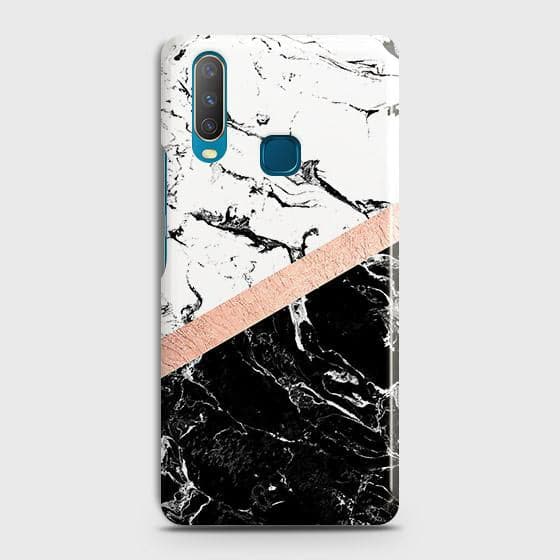 vivo Y12 Cover - Black & White Marble With Chic RoseGold Strip Case with Life Time Colors Guarantee