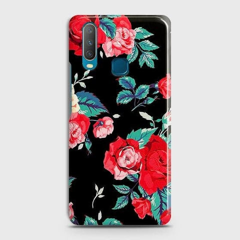 vivo Y17 Cover - Luxury Vintage Red Flowers Printed Hard Case with Life Time Colors Guarantee