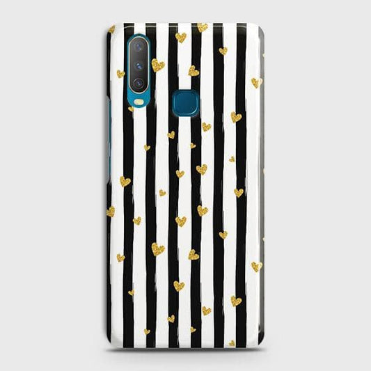 vivo Y17 Cover - Trendy Black & White Lining With Golden Hearts Printed Hard Case with Life Time Colors Guarantee