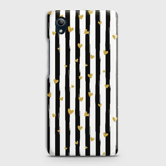 vivo Y91C Cover - Trendy Black & White Lining With Golden Hearts Printed Hard Case with Life Time Colors Guarantee