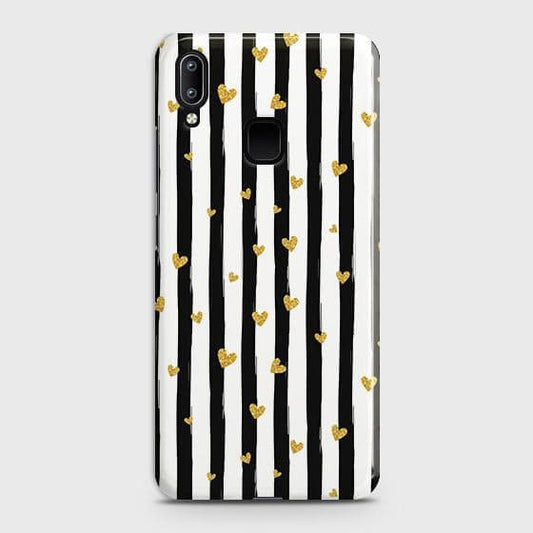 vivo Y93 Cover - Trendy Black & White Lining With Golden Hearts Printed Hard Case with Life Time Colors Guarantee