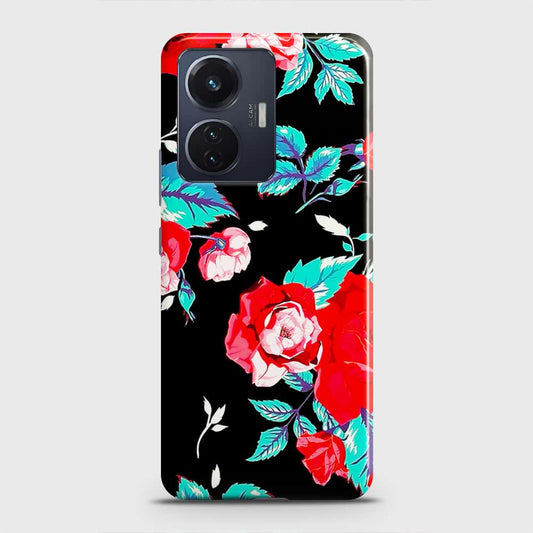 Vivo T1 44W Cover - Luxury Vintage Red Flowers Printed Hard Case with Life Time Colors Guarantee