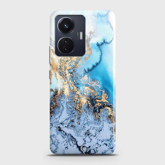 Vivo T1 44W Cover - Trendy Golden & Blue Ocean Marble Printed Hard Case with Life Time Colors Guarantee
