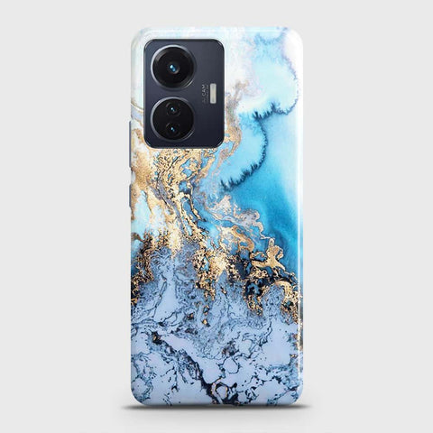 Vivo T1 44W Cover - Trendy Golden & Blue Ocean Marble Printed Hard Case with Life Time Colors Guarantee