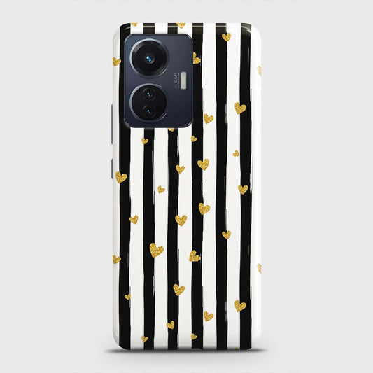 Vivo T1 44W Cover - Trendy Black & White Lining With Golden Hearts Printed Hard Case with Life Time Colors Guarantee