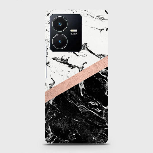 Vivo Y22s Cover - Black & White Marble With Chic RoseGold Strip Case with Life Time Colors Guarantee