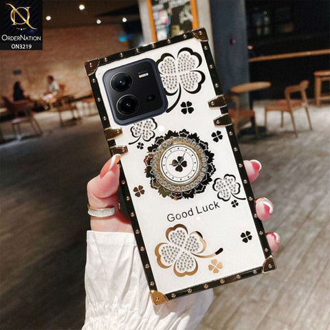 Vivo Y35 Cover - Ash White - Square Bling Diamond Glitter Soft TPU Trunk Case with Ring Holder