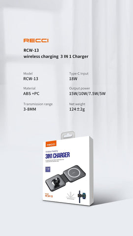 Black - Recci RCW-13 - 15W Magnetic RECCI Wireless Charger 3 in 1 Detachable Folding Function