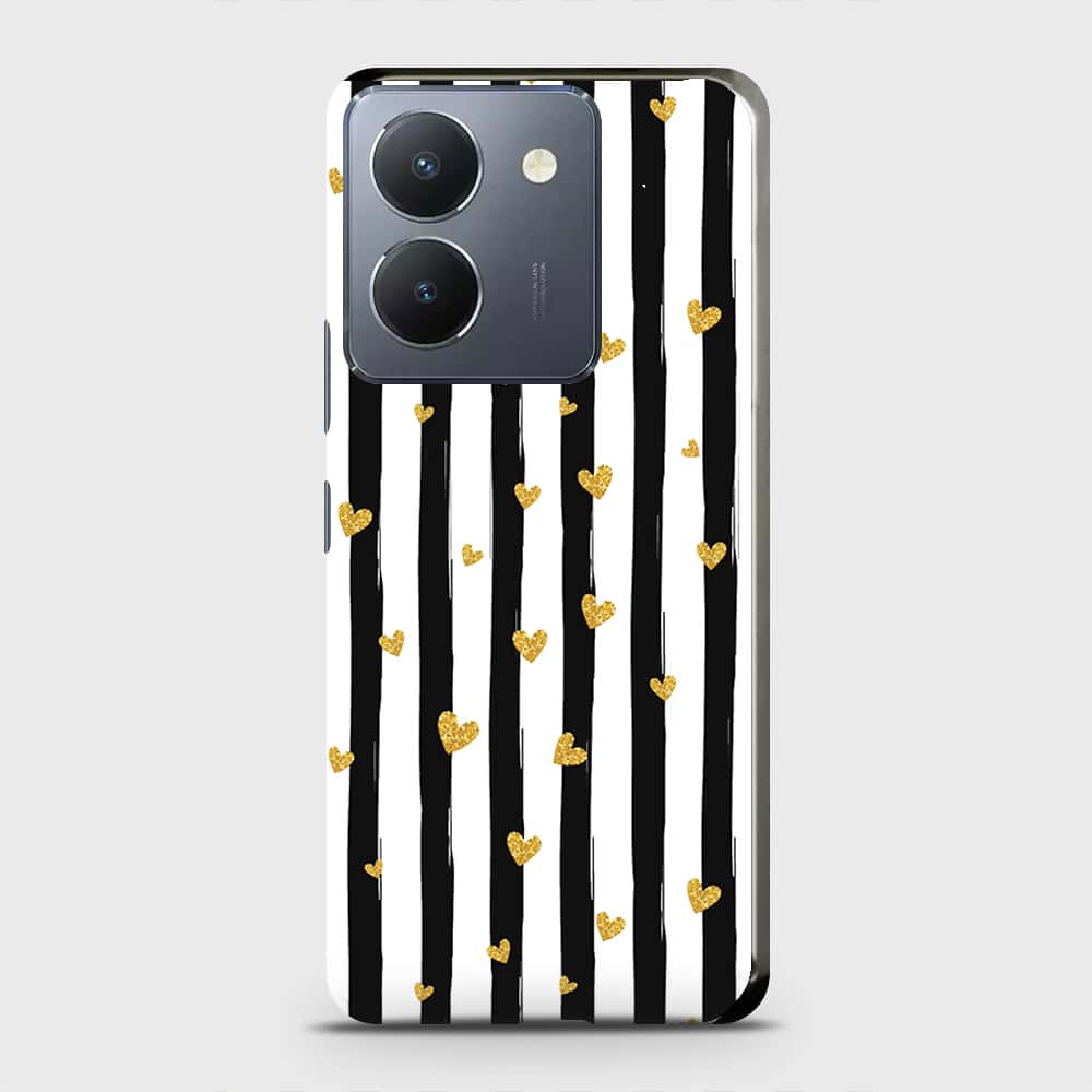 Vivo Y36 5G Cover - Trendy Black & White Lining With Golden Hearts Printed Hard Case with Life Time Colors Guarantee