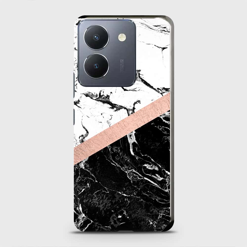 Vivo Y36 5G Cover - Black & White Marble With Chic RoseGold Strip Case with Life Time Colors Guarantee