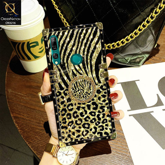 Huawei Y9 Prime 2019 Cover - Design1 - Trendy Stripes Pattern Golden Square Case With Matching Bling Ring Holder