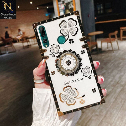 Huawei Y9 Prime 2019 Cover - Ash White - Square Bling Diamond Glitter Soft TPU Trunk Case with Ring Holder